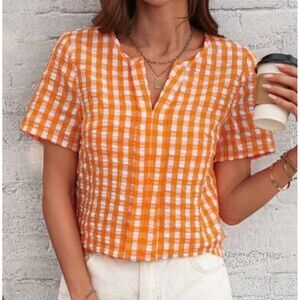 Shein Lune Women's Gingham Orange And White Short Sleeve Shirt Size L New